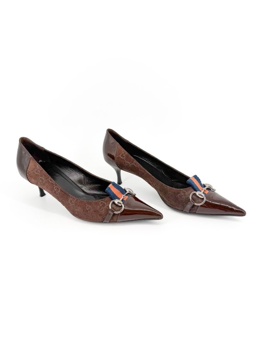 Gucci GG Horsebit Cap Toe Pumps Heels Brown Monogram Pointed Suede Size 9